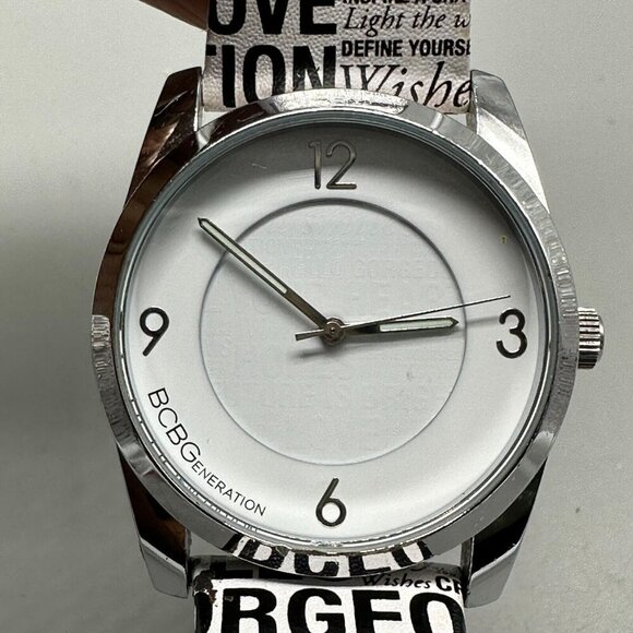 3/$30 BCBGeneration Watch Women Silver Tone Black White Band New Battery 8.5" - Picture 1 of 13